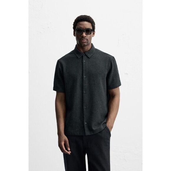 Zara Mens Button Up Shirt top L Dark Gray Textured Short Sleeve 4333/371 NWT - Picture 1 of 16